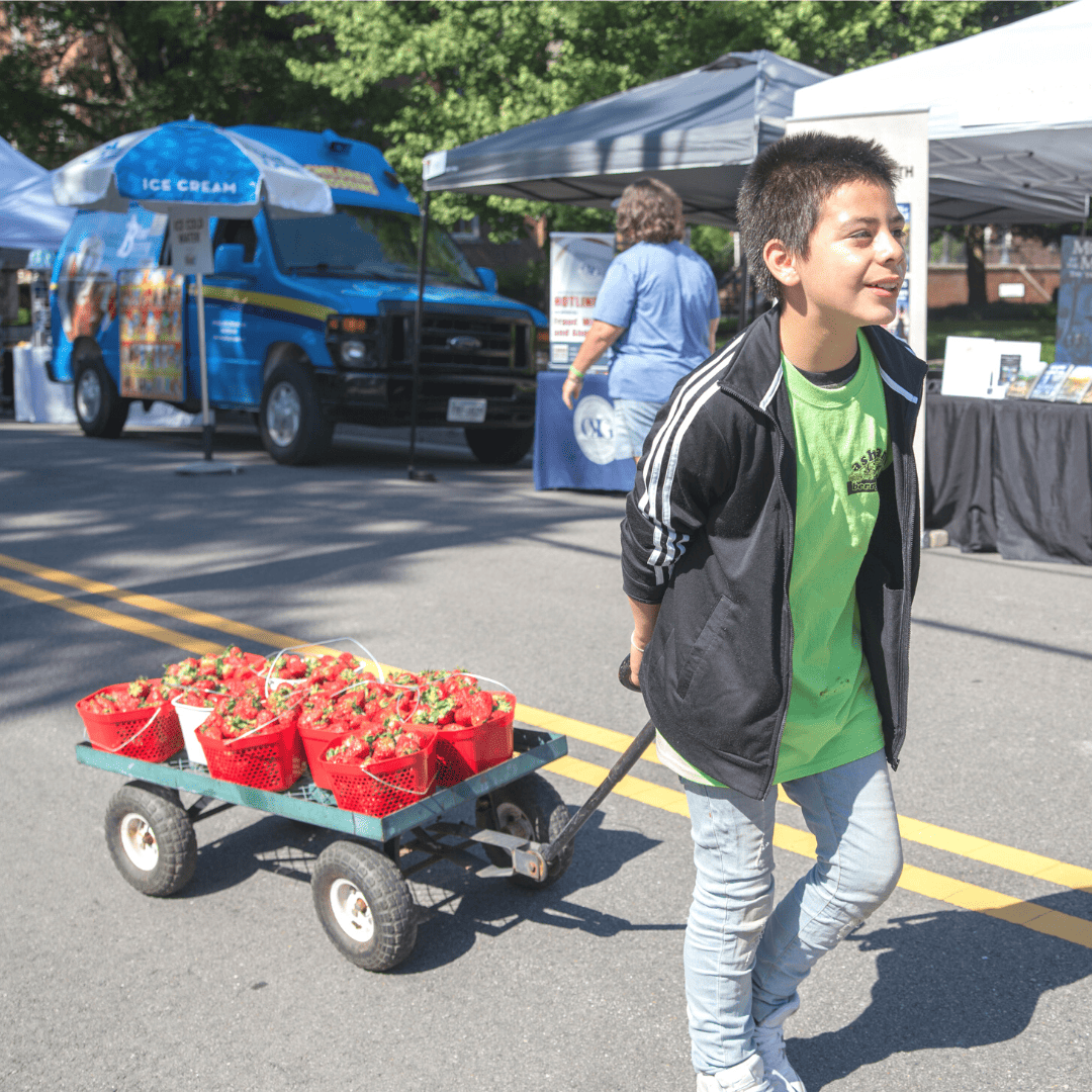 young boy pulling strawberry cart